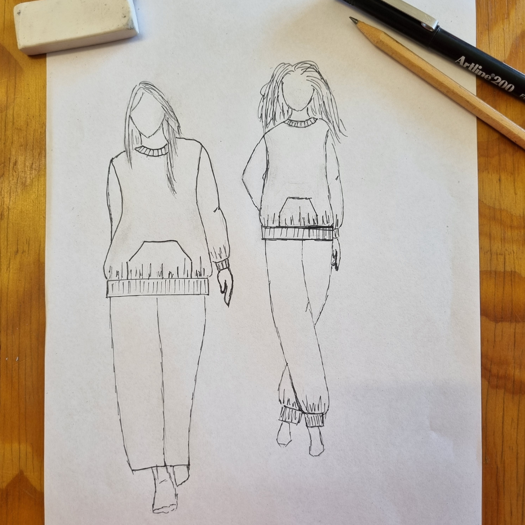 trade sketch of Australian made sweatshirt with fleecy pants