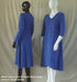 back view of royal blue 3/4 sleeve cotton wrap dress, standing beside a plus size royal blue long sleeve cotton dress