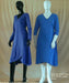 1 plus size royal blue Australian made long sleeve cotton wrap dress standing beside 1 royal blue 3/4 sleeve cotton wrap dress