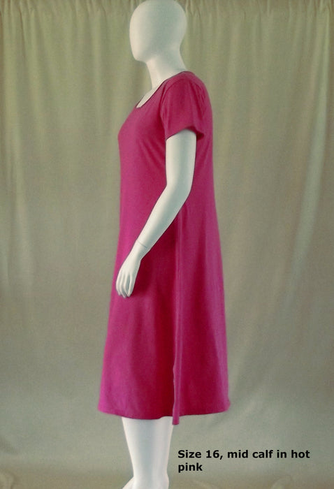 side view of hot pink women's cotton mid calf length dress