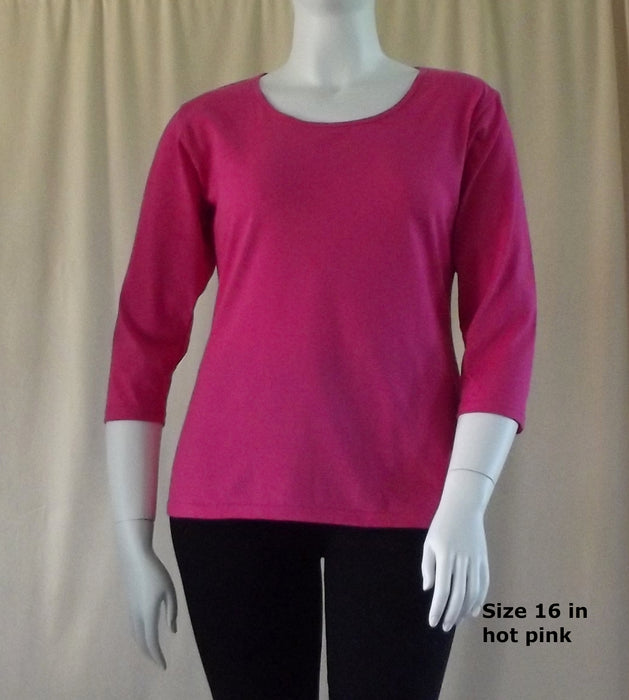 3/4 sleeve hot pink cotton t-shirt in plus size