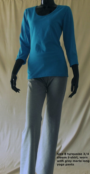 turquoise 3/4 sleeve women's t-shirt with grey long yoga pants