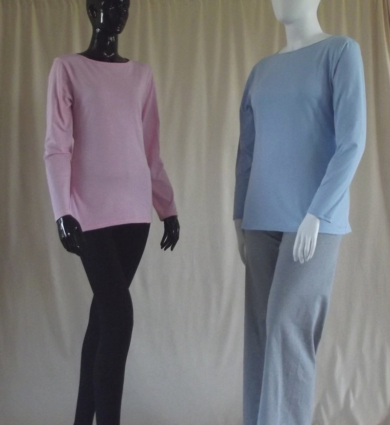 Long sleeve boat neck t-shirts in baby pink and baby blue