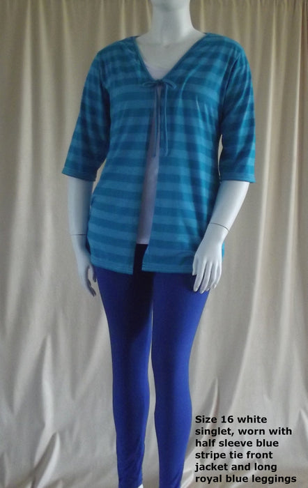 Plus size blue stripe tie front jacket worn with leggings and singlet