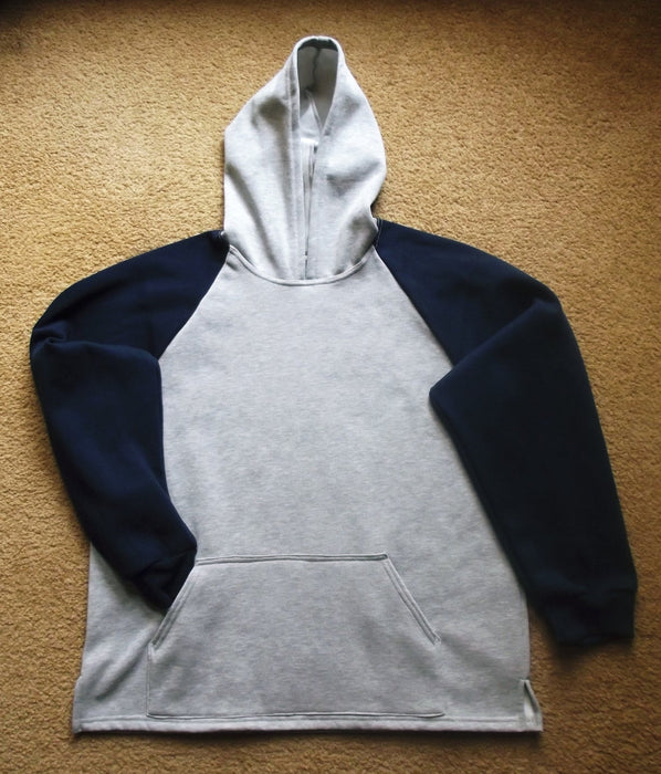 mens grey marle fleecy hoodie with navy sleeves