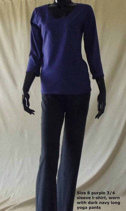 purple women's 3/4 sleeve t-shirt and navy long yoga pants