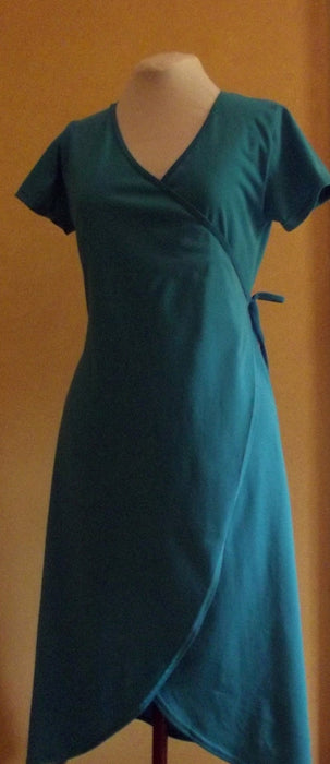 turquoise women's cotton wrap dress with short sleeves