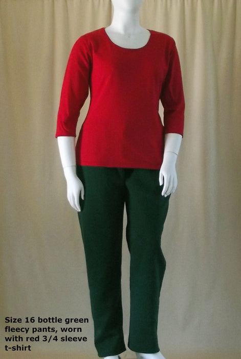 plus size women's red 3/4 sleeve cotton top with bottle green fleecy pants